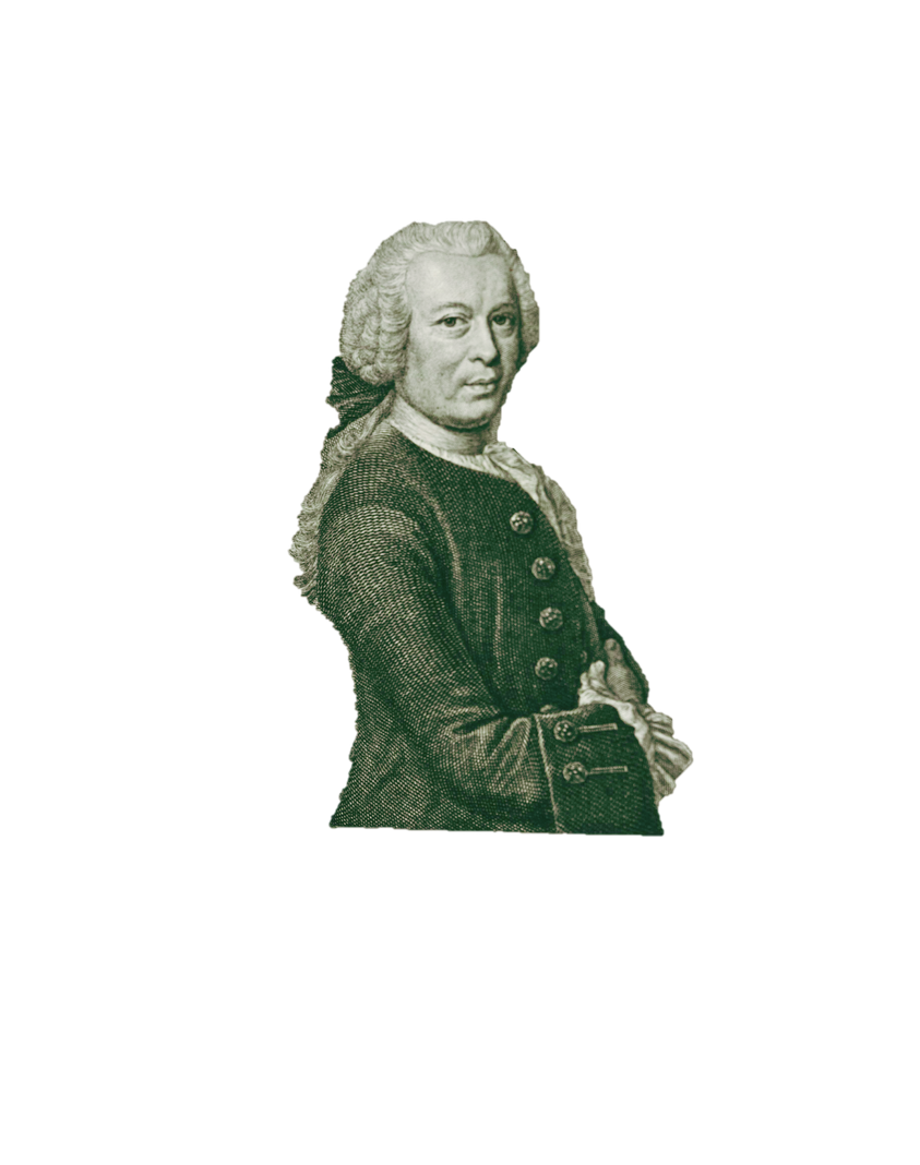 An etched portrait of Rosen from his book. He is a middle-aged white man wearing an 18th Century suit and a powdered, curled wig held back with a ribbon.