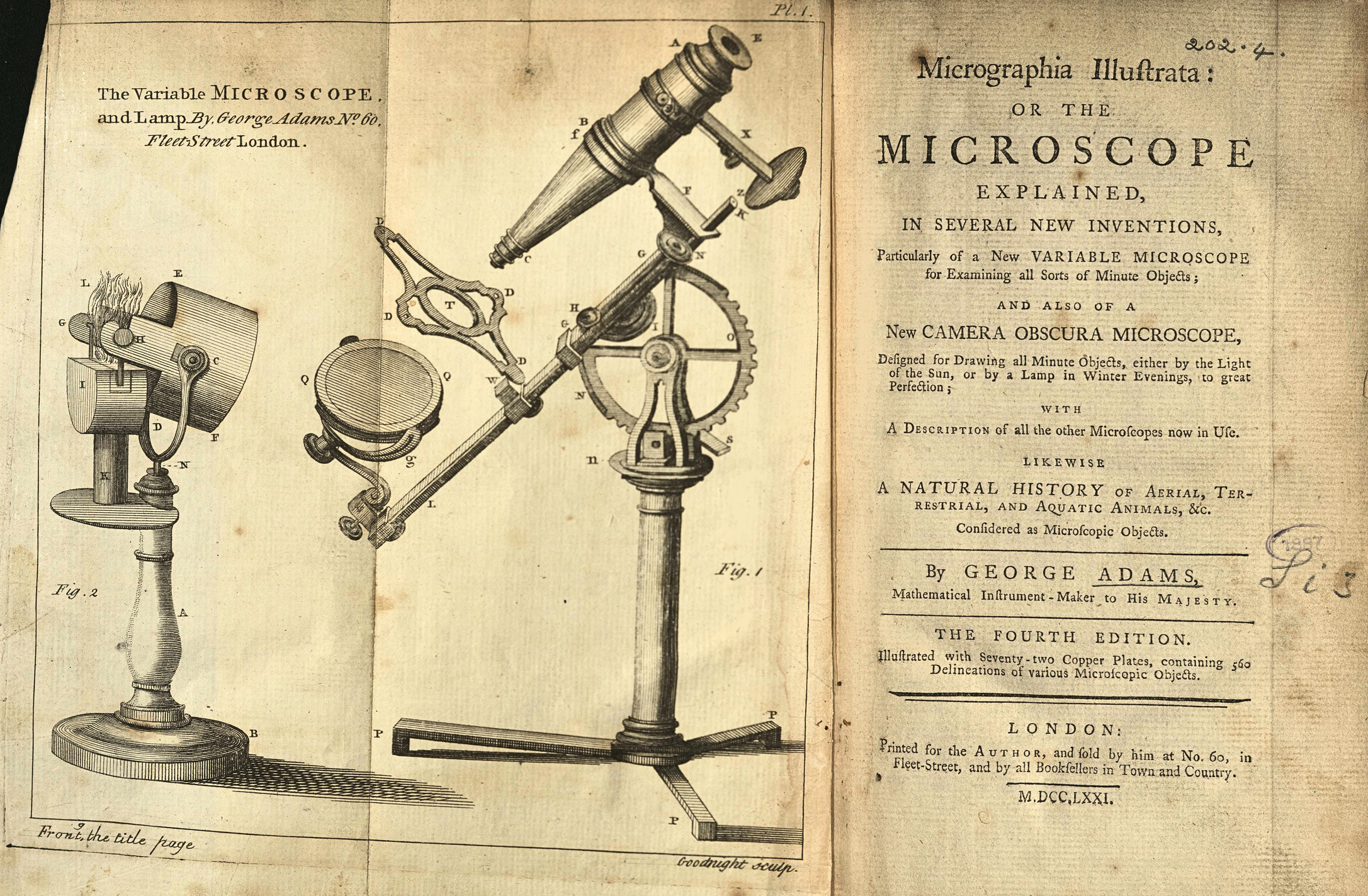 A detailed illustration of the microscope George Adams designed, from his book. It consists of an eyeglass piece, a cross-shapes metal scope, and a lens held underneath.
